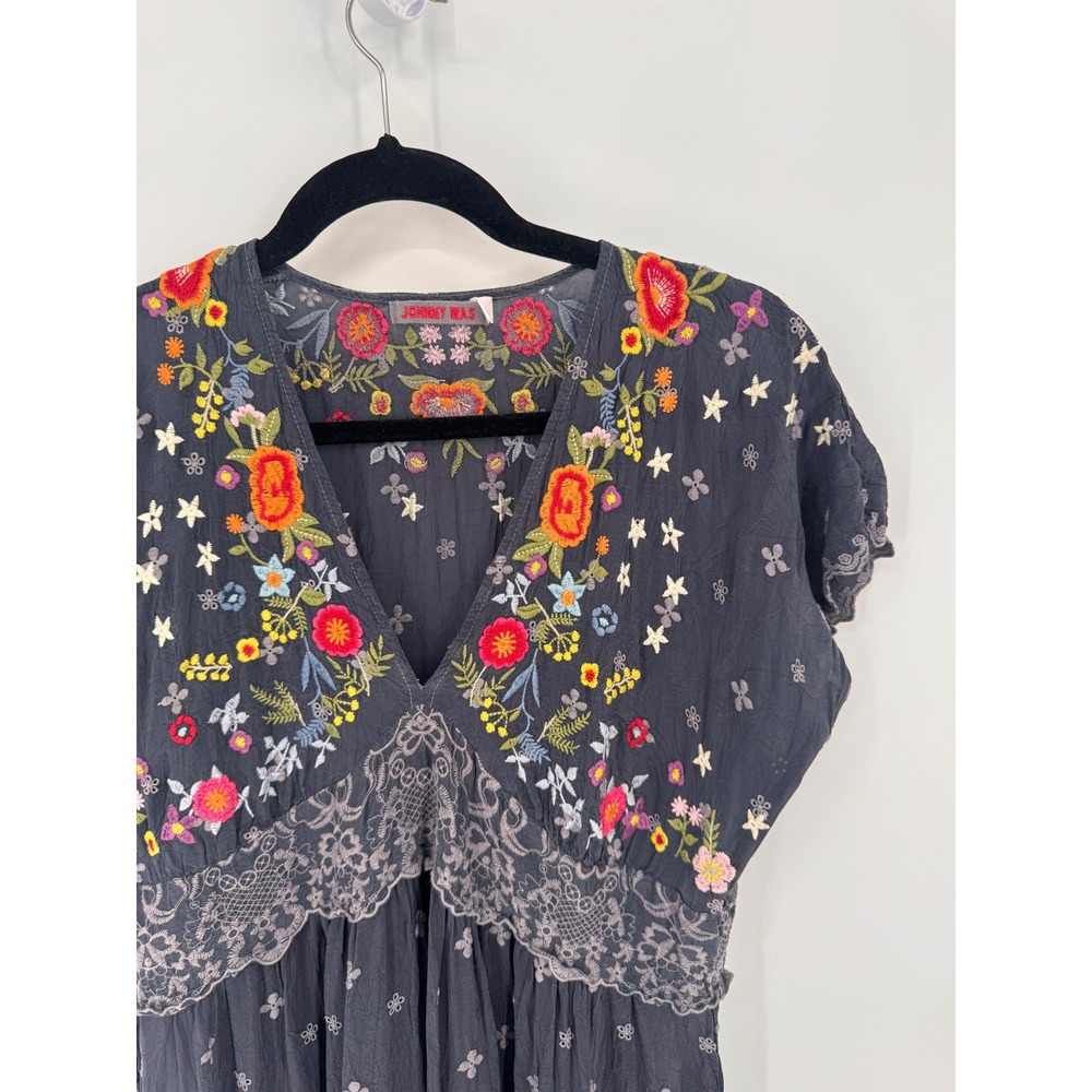 Johnny Was Dress Women S Grey Embroidered Lace Trim Boho Midi Oversized - Picture 4 of 15